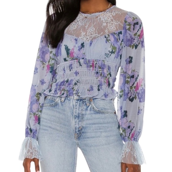 Nwot Free People Daphne Floral Print Lace Sheer Yoke Smocked Hem Blouse Size M - Picture 3 of 14